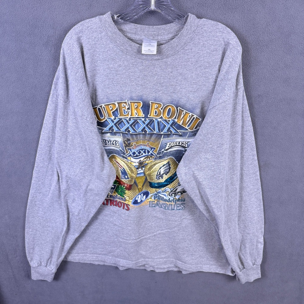Y2K Super Bowl XXXIX T-Shirt Mens XXL Gray Patriots Eagles Long Sleeve